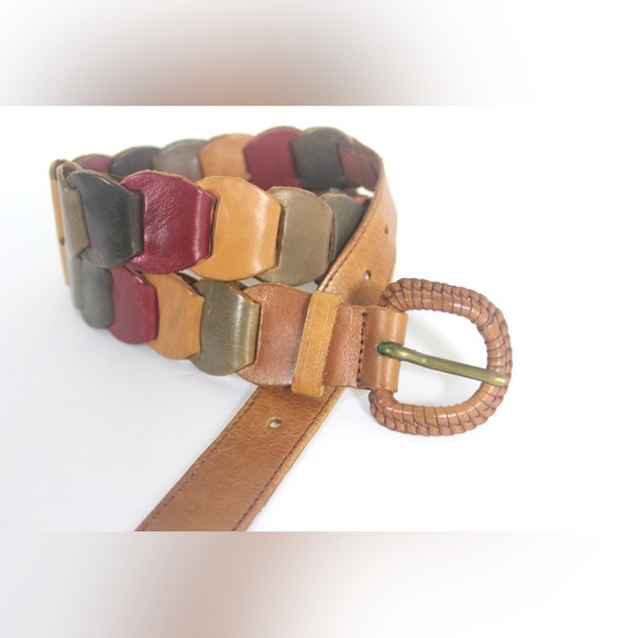 Vintage Multicolour Leather Link Belt Faded Colours Red Tan Green Blue Woven - Picture 2 of 8